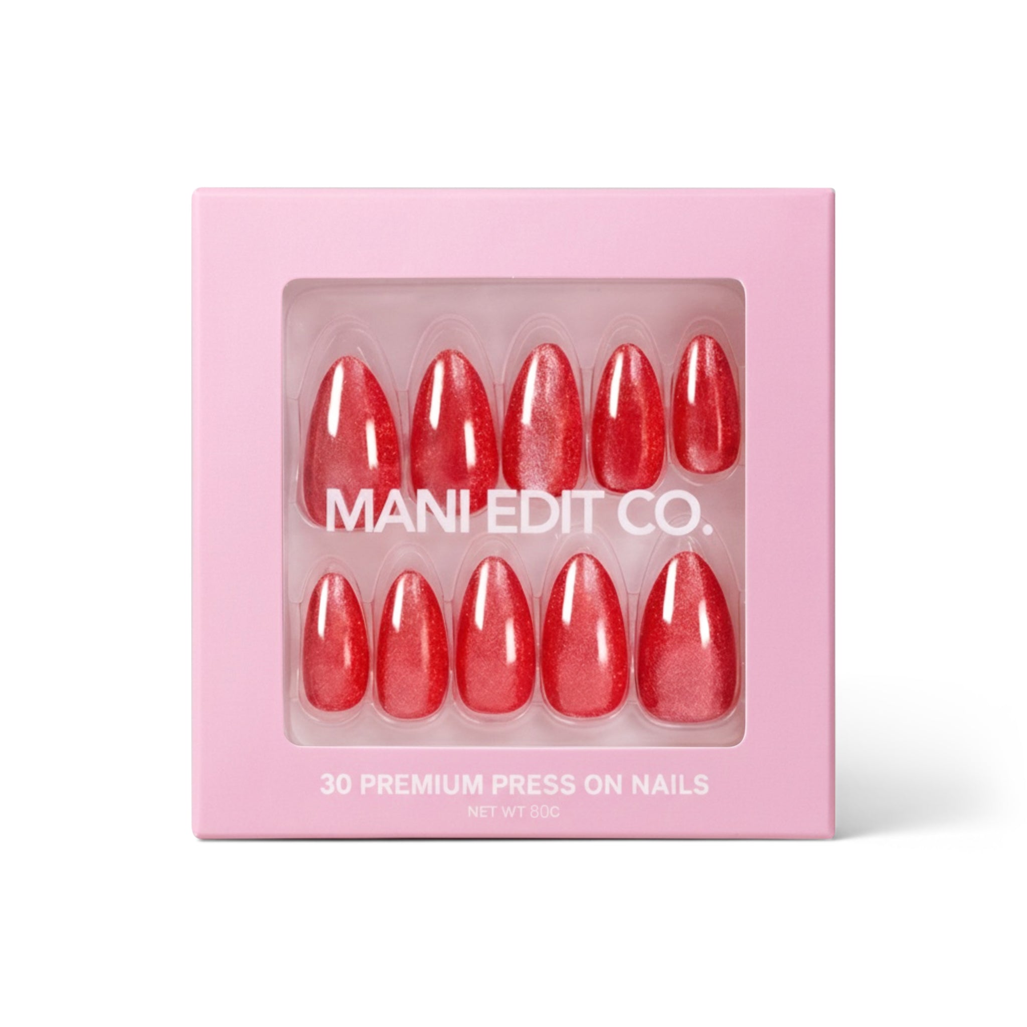 Chilli Marg red shimmer press-on nails - 30 piece almond shape - Mani Edit Co