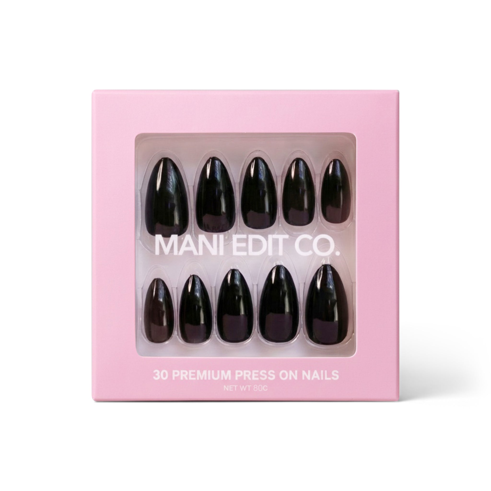 Eclipse glossy black press-on nails - 30 piece almond shape - Mani Edit Co