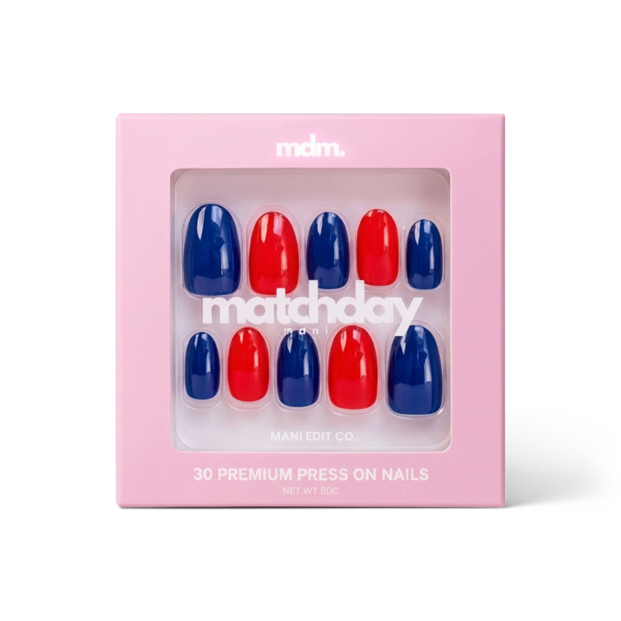 Red and blue press-on nails matchday set - 30 piece almond shape - Mani Edit Co